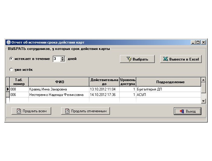 Отчет об истечении срока действия карт